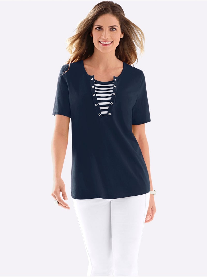 T-shirt à Manches Courtes œillets Décoratifs - Taille Standard - Moda Vilona Bleu marine - Kiabi