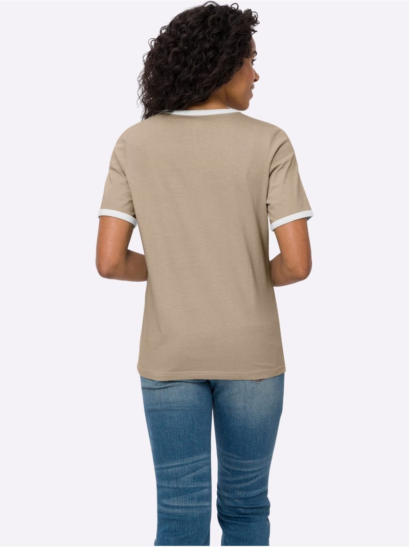 T-shirt à Manches Courtes Passepoils Contrastés Tendance - Taille Standard - Moda Vilona Beige - Kiabi