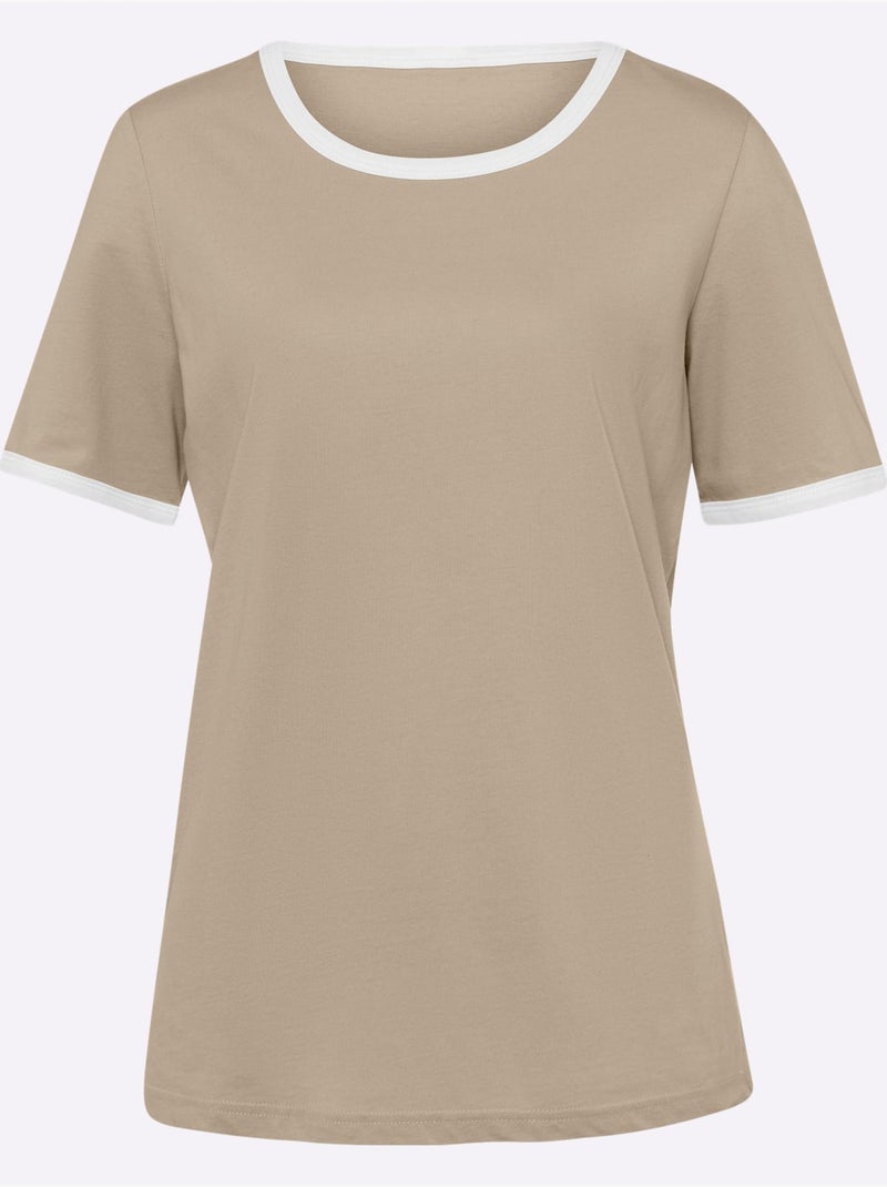 T-shirt à Manches Courtes Passepoils Contrastés Tendance - Taille Standard - Moda Vilona Beige - Kiabi