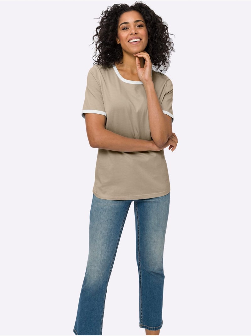 T-shirt à Manches Courtes Passepoils Contrastés Tendance - Taille Standard - Moda Vilona Beige - Kiabi