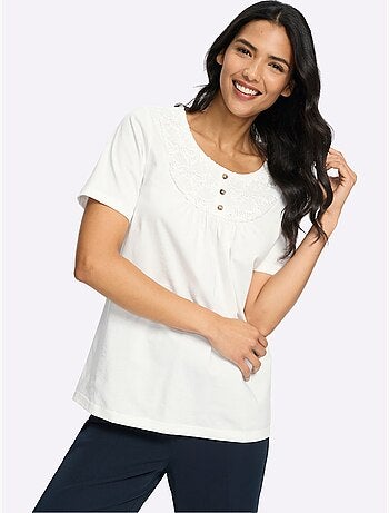 T-shirt à Manches Courtes Patte De Boutonnage Décorative Devant - Taille Standard - Moda Vilona