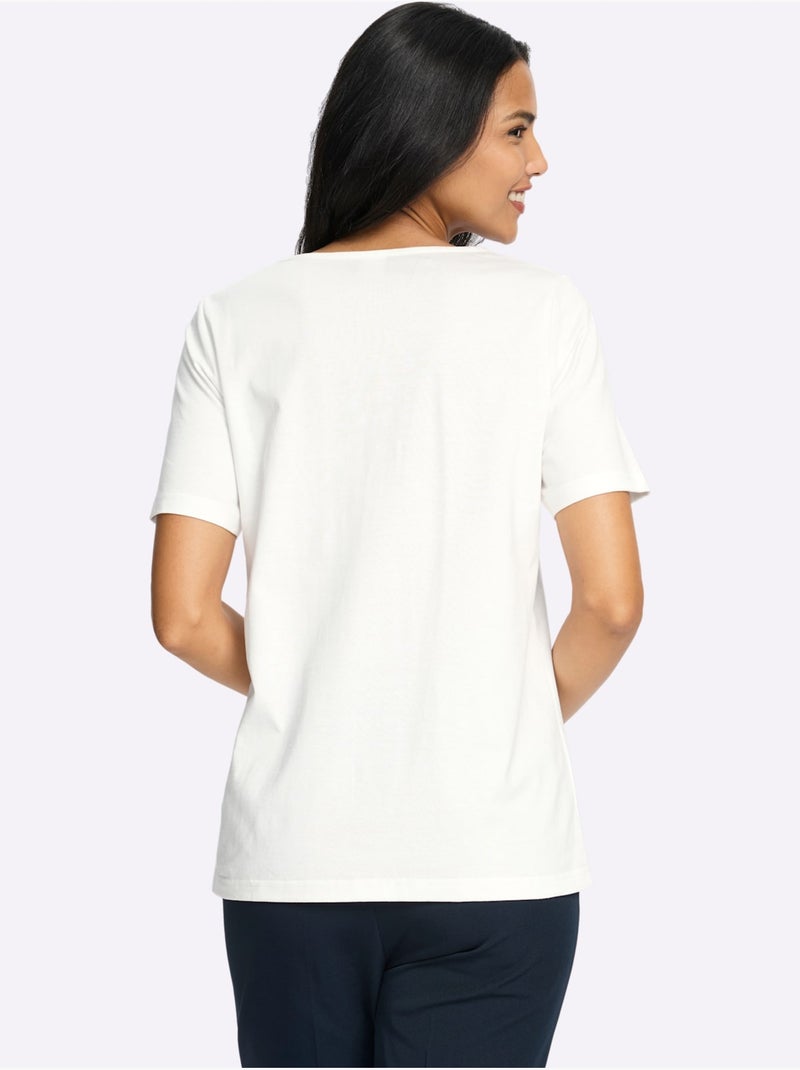 T-shirt à Manches Courtes Patte De Boutonnage Décorative Devant - Taille Standard - Moda Vilona Ecru - Kiabi