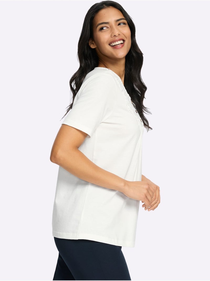 T-shirt à Manches Courtes Patte De Boutonnage Décorative Devant - Taille Standard - Moda Vilona Ecru - Kiabi