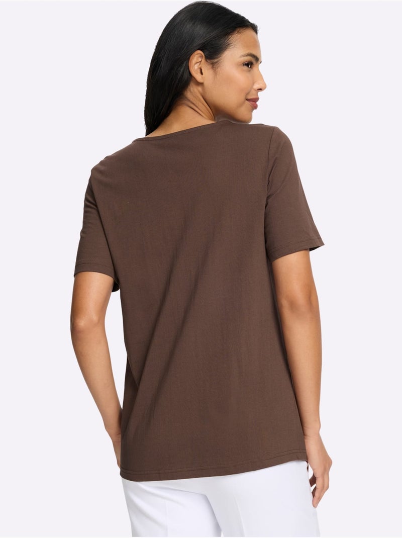 T-shirt à Manches Courtes Patte De Boutonnage Décorative Devant - Taille Standard - Moda Vilona Marron/Choco - Kiabi