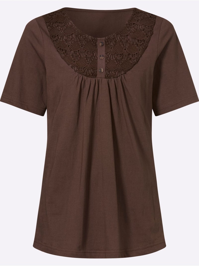 T-shirt à Manches Courtes Patte De Boutonnage Décorative Devant - Taille Standard - Moda Vilona Marron/Choco - Kiabi