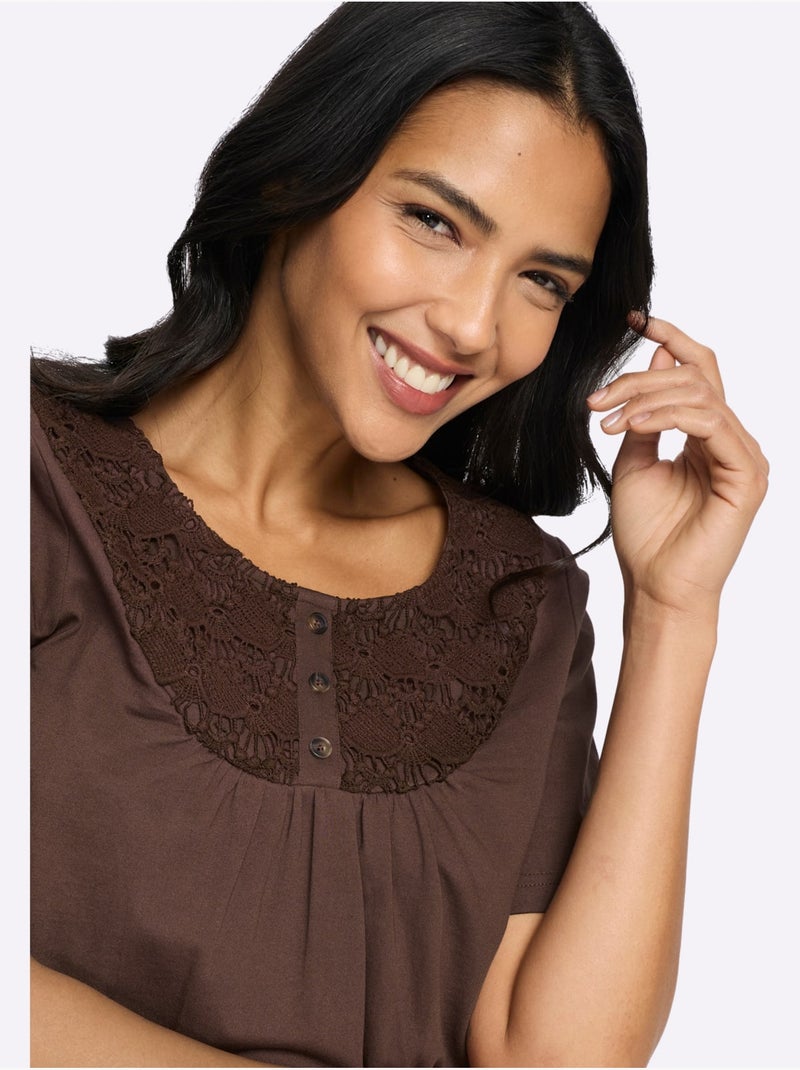 T-shirt à Manches Courtes Patte De Boutonnage Décorative Devant - Taille Standard - Moda Vilona Marron/Choco - Kiabi