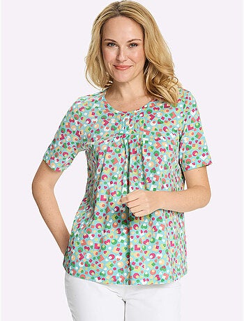 T-shirt à manches courtes avec col rond et plis affinants - Taille standard - Moda Vilona
