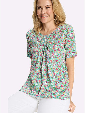 T-shirt à manches courtes avec col rond et plis affinants - Taille standard - Moda Vilona
