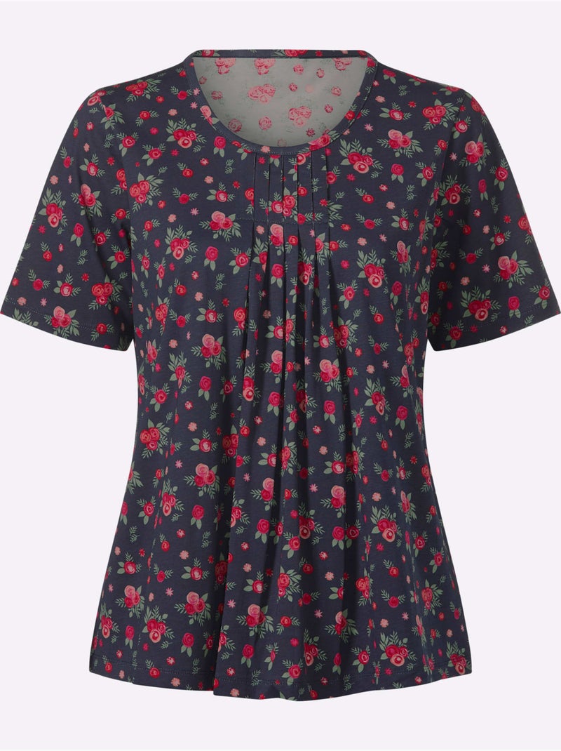 T-shirt à Manches Courtes Plis Affinants à L'encolure - Taille Standard - Moda Vilona Bleu Rouge - Kiabi