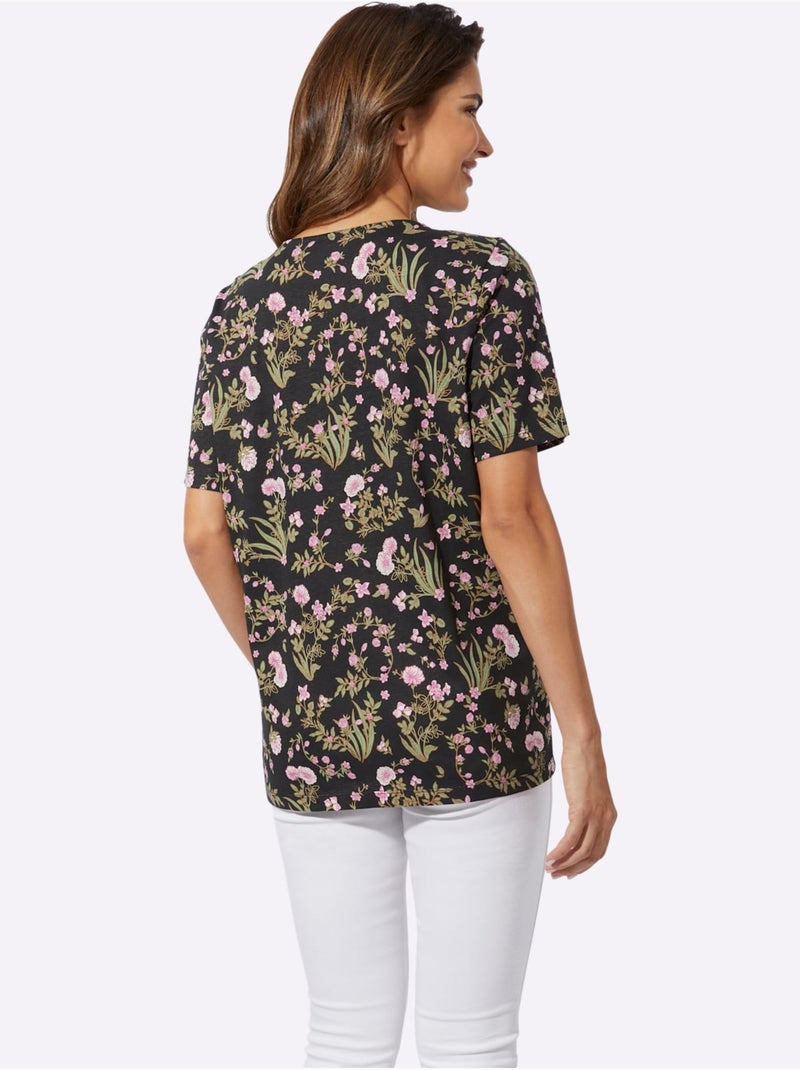 T-shirt à Manches Courtes Plis Affinants à L'encolure - Taille Standard - Moda Vilona Noir Rose - Kiabi