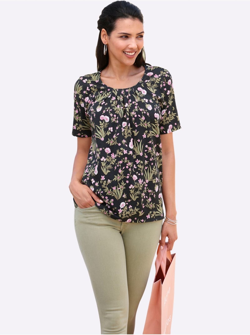 T-shirt à Manches Courtes Plis Affinants à L'encolure - Taille Standard - Moda Vilona Noir Rose - Kiabi