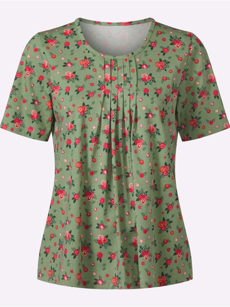 T-shirt à Manches Courtes Plis Affinants à L'encolure - Taille Standard - Moda Vilona Noir / Vert / Rouge - Kiabi
