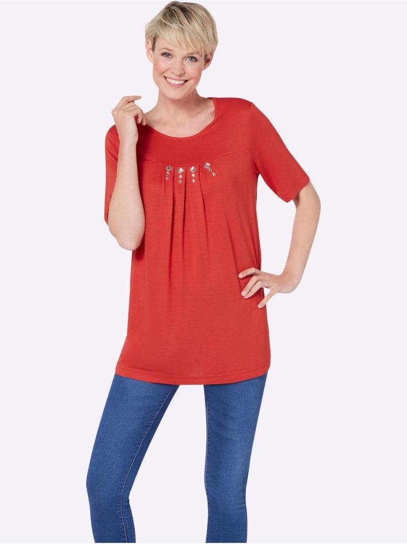 T-shirt à Manches Courtes Plis Creux Tendance - Taille Standard - Moda Vilona Rouge - Kiabi