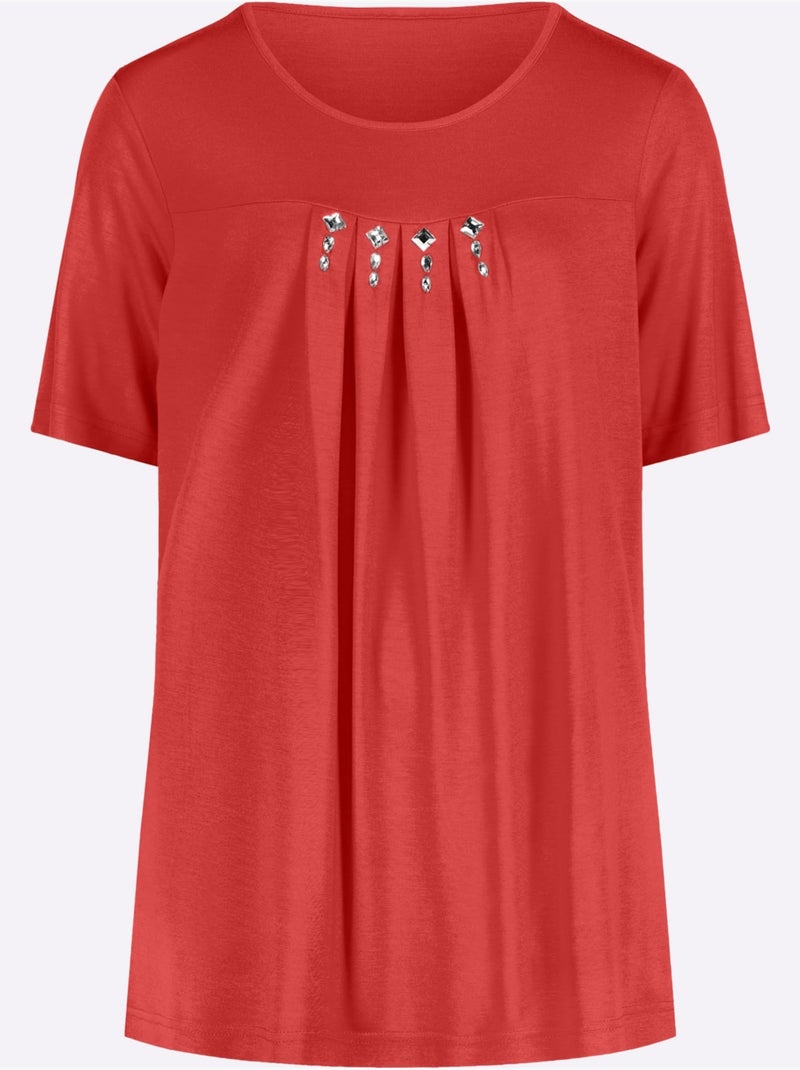 T-shirt à Manches Courtes Plis Creux Tendance - Taille Standard - Moda Vilona Rouge - Kiabi