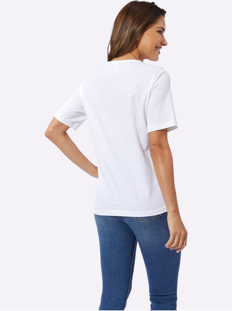 T-shirt à Manches Courtes Pur Coton - Taille Standard - Moda Vilona Blanc Rose - Kiabi