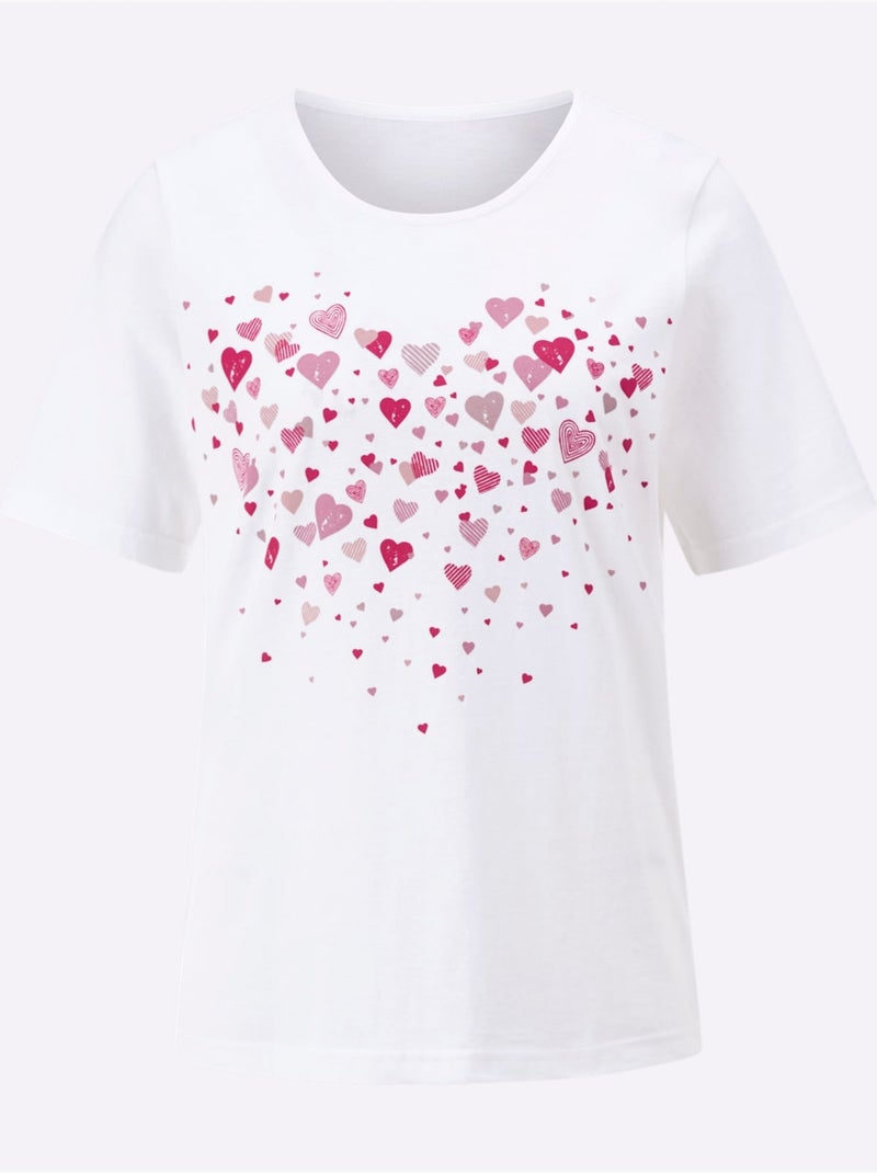 T-shirt à Manches Courtes Pur Coton - Taille Standard - Moda Vilona Blanc Rose - Kiabi