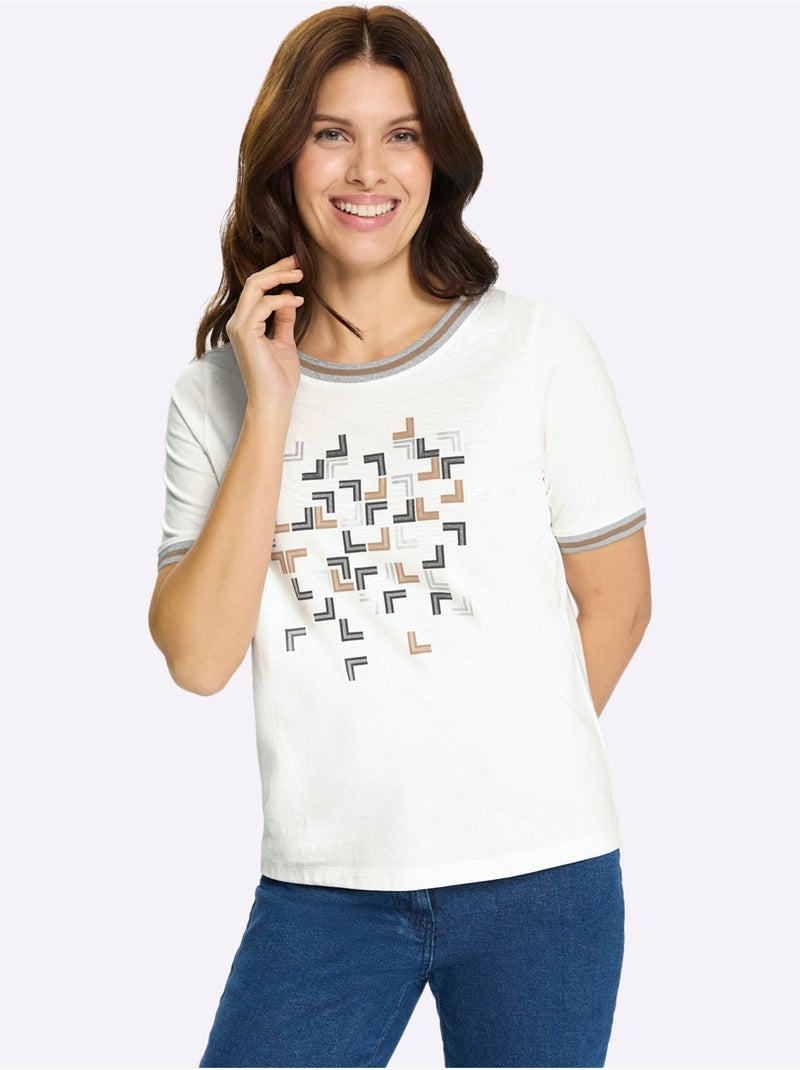 T-shirt à Manches Courtes Pur Coton - Taille Standard - Moda Vilona Écru/Jaune - Kiabi