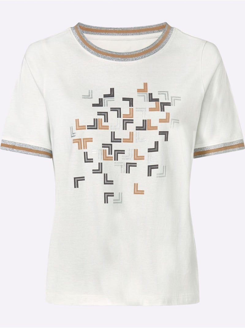 T-shirt à Manches Courtes Pur Coton - Taille Standard - Moda Vilona Écru/Jaune - Kiabi