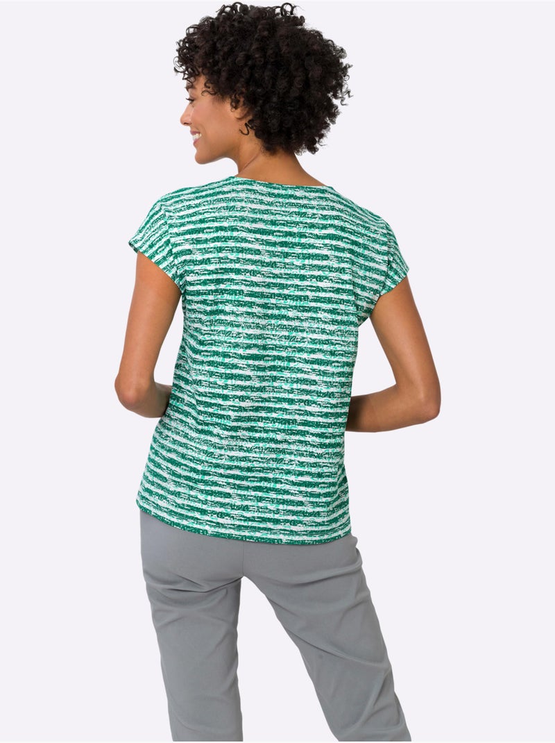T-shirt à Manches Courtes Pur Coton - Taille Standard - Moda Vilona Écru/Vert - Kiabi