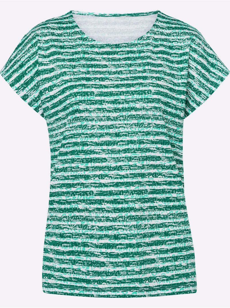 T-shirt à Manches Courtes Pur Coton - Taille Standard - Moda Vilona Écru/Vert - Kiabi