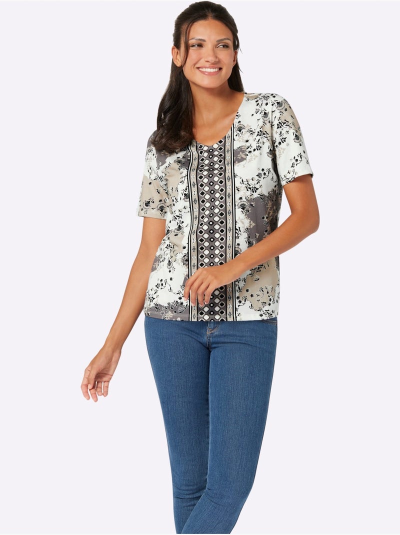 T-shirt à Manches Courtes Pur Coton - Taille Standard - Moda Vilona Gris Ecru Gris - Kiabi