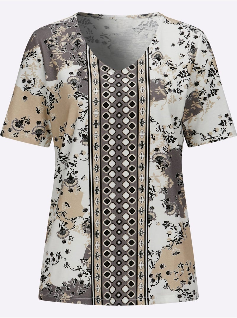 T-shirt à Manches Courtes Pur Coton - Taille Standard - Moda Vilona Gris Ecru Gris - Kiabi