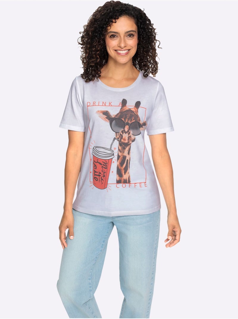 T-shirt à Manches Courtes Pur Coton - Taille Standard - Witt Blanc Orange - Kiabi
