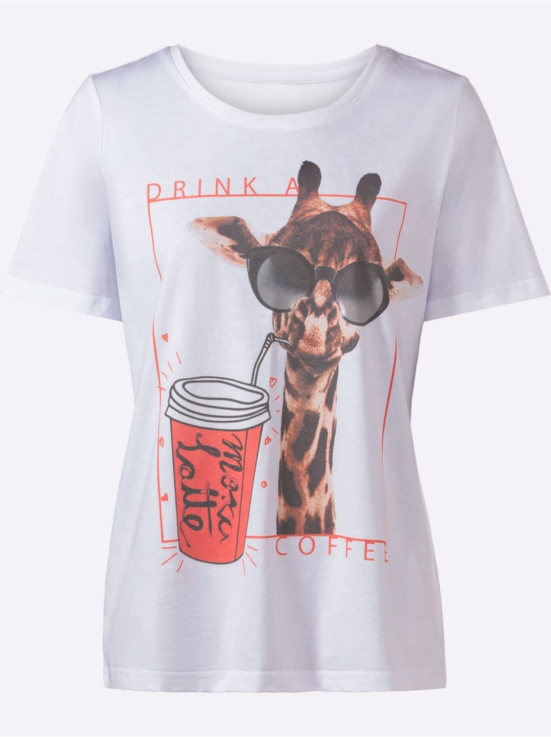 T-shirt à Manches Courtes Pur Coton - Taille Standard - Witt Blanc Orange - Kiabi
