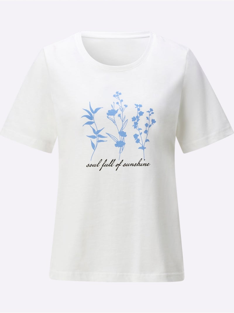 T-shirt à Manches Courtes Pur Coton - Taille Standard - Witt Bleu Ecru - Kiabi