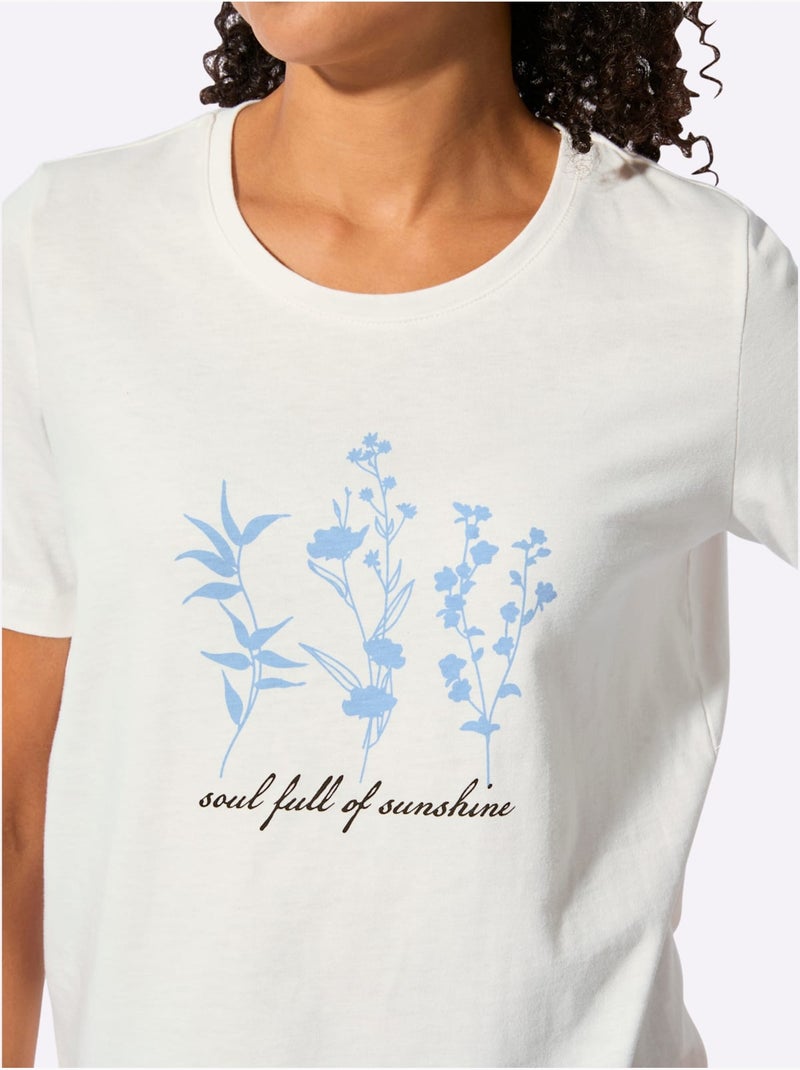 T-shirt à Manches Courtes Pur Coton - Taille Standard - Witt Bleu Ecru - Kiabi