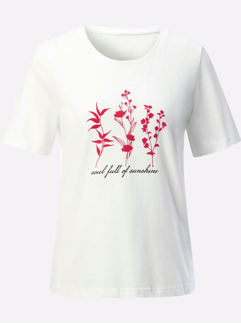 T-shirt à Manches Courtes Pur Coton - Taille Standard - Witt Ecru/Rouge - Kiabi