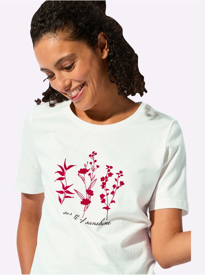 T-shirt à Manches Courtes Pur Coton - Taille Standard - Witt Ecru/Rouge - Kiabi