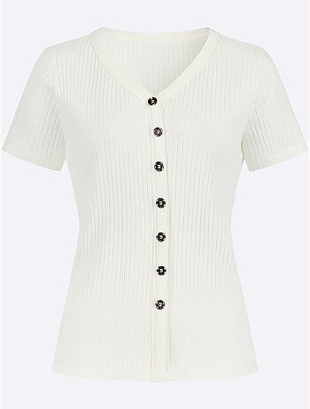 T-shirt à manches courtes en qualité côtelée avec col en V - Taille standard - Witt