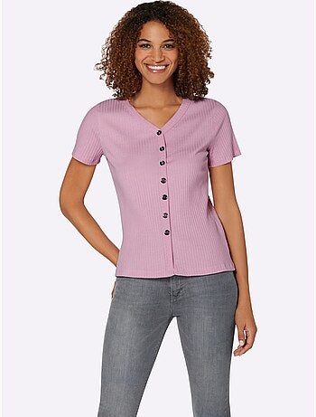 T-shirt à manches courtes en qualité côtelée avec col en V - Taille standard - Witt