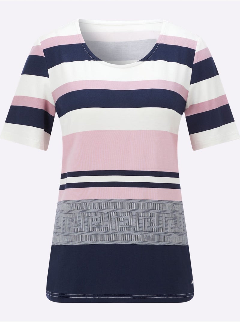 T-shirt à Manches Courtes Rayures Contrastées - Taille Standard - Witt Bleu Rose - Kiabi