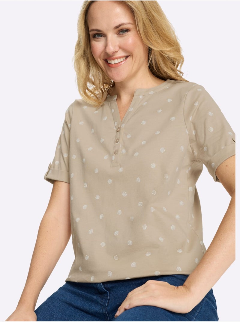 T-shirt à Manches Courtes Revers Aux Manches - Taille Standard - Moda Vilona Beige - Kiabi