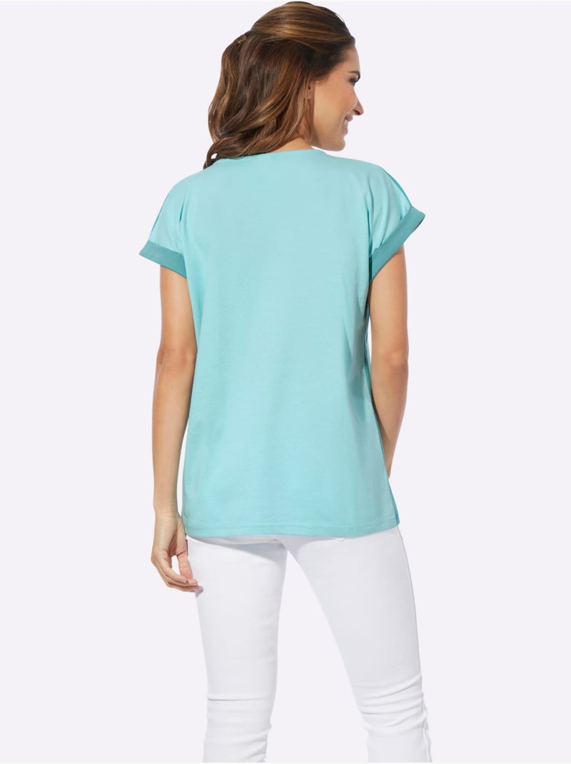T-shirt à Manches Courtes Revers Aux Manches Décoratif - Taille Standard - Moda Vilona Menthe - Kiabi