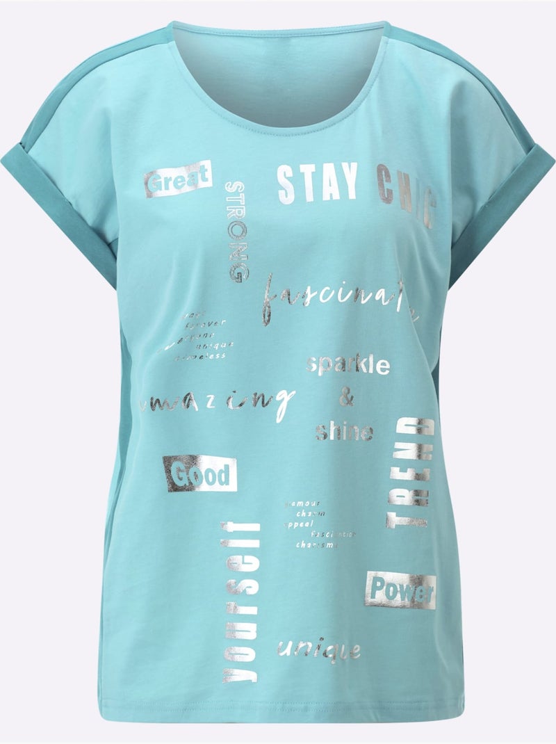T-shirt à Manches Courtes Revers Aux Manches Décoratif - Taille Standard - Moda Vilona Menthe - Kiabi
