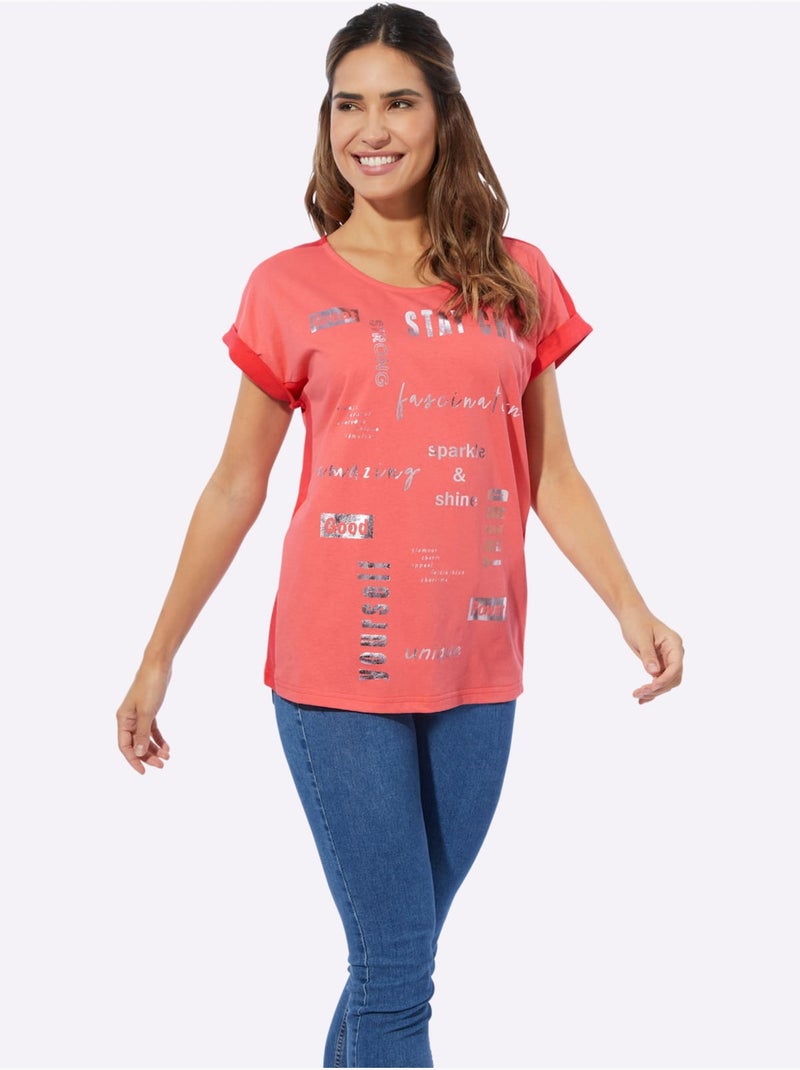T-shirt à Manches Courtes Revers Aux Manches Décoratif - Taille Standard - Moda Vilona Orange/Rouge - Kiabi