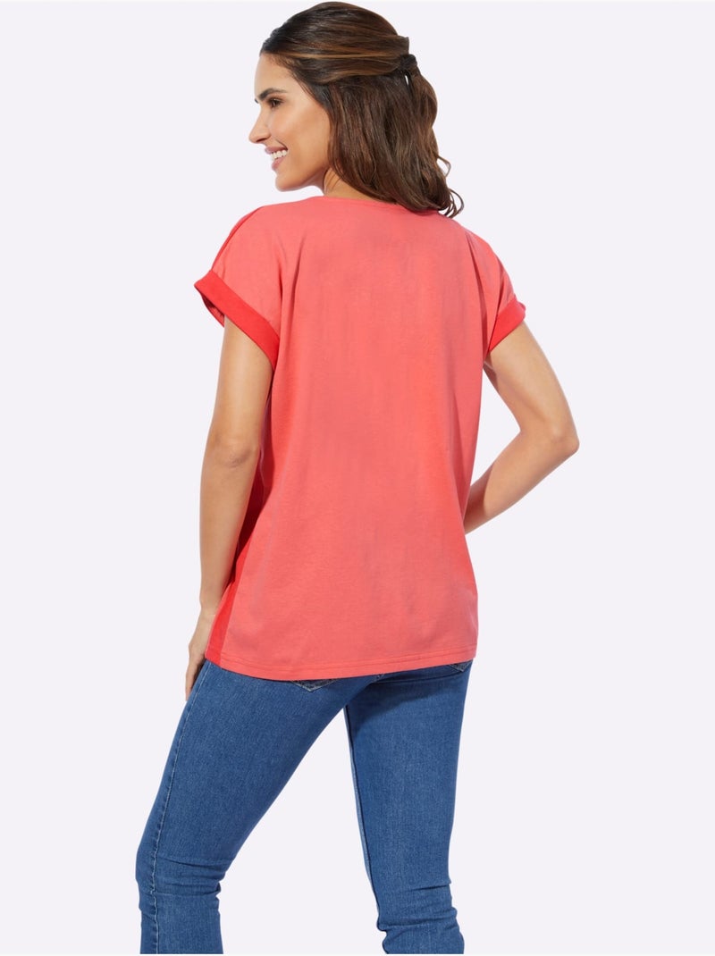 T-shirt à Manches Courtes Revers Aux Manches Décoratif - Taille Standard - Moda Vilona Orange/Rouge - Kiabi