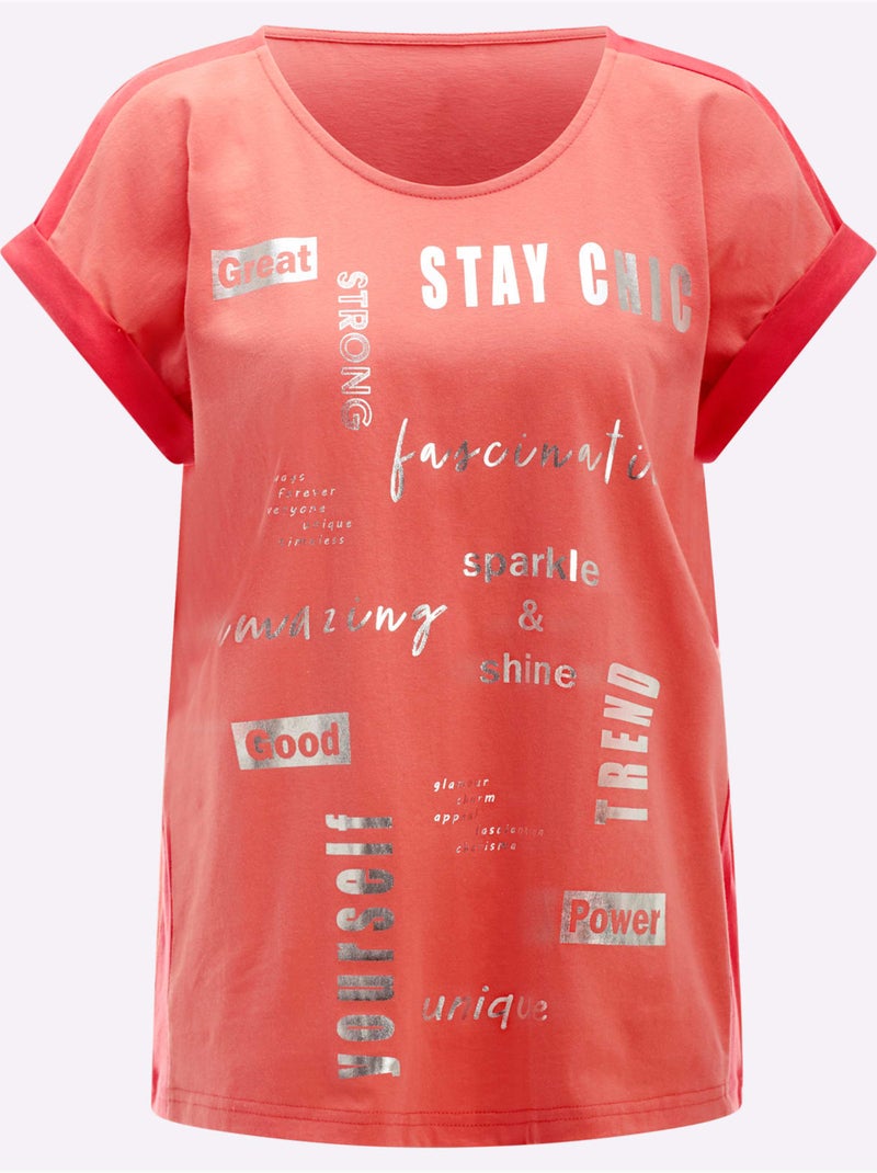 T-shirt à Manches Courtes Revers Aux Manches Décoratif - Taille Standard - Moda Vilona Orange/Rouge - Kiabi