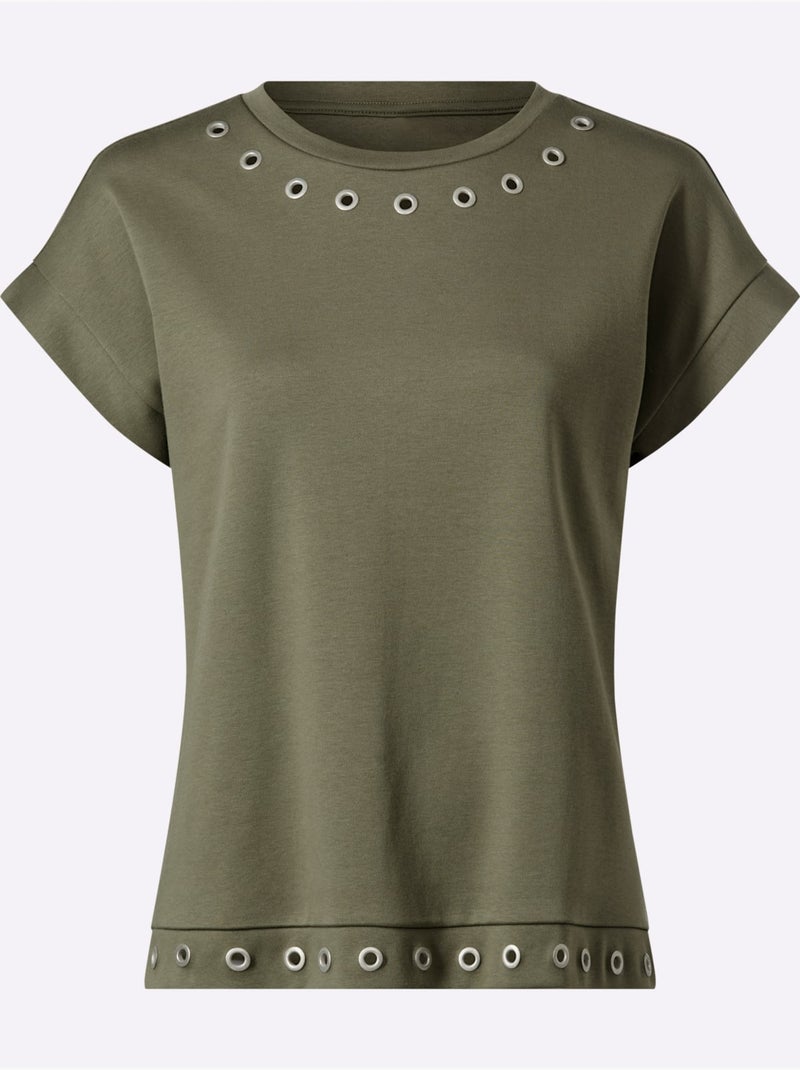 T-shirt à Manches Courtes Rivets Décoratifs - Taille Standard - Helline Kaki - Kiabi