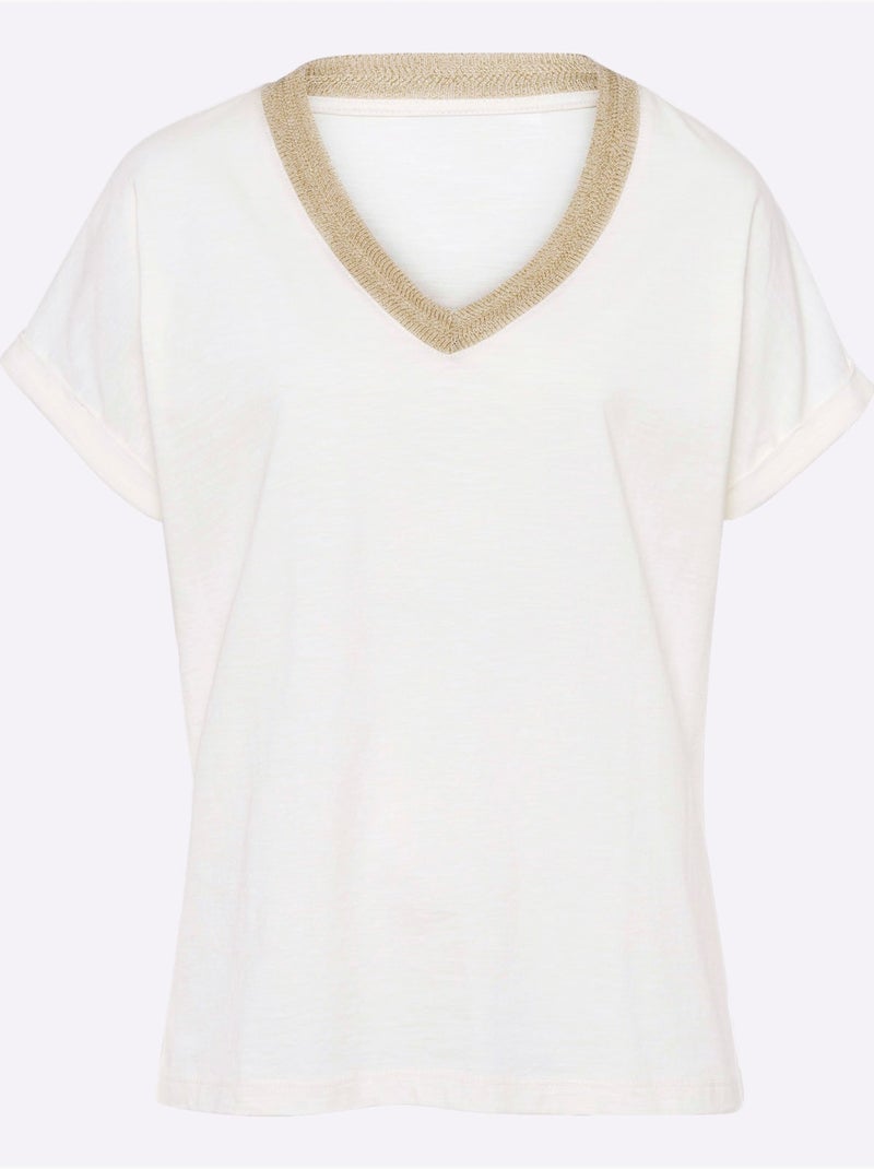 T-shirt à Manches Courtes Ruban à L'encolure - Taille Standard - Helline Ivoire - Kiabi
