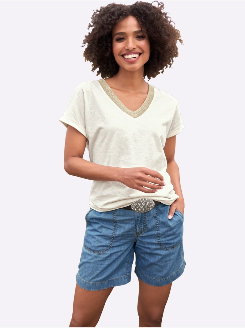 T-shirt à Manches Courtes Ruban à L'encolure - Taille Standard - Helline Ivoire - Kiabi