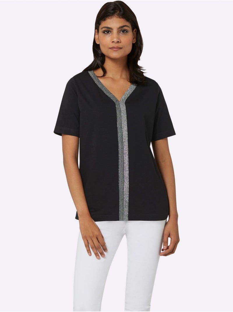 T-shirt à Manches Courtes Ruban Brillant - Taille Standard - Moda Vilona Noir - Kiabi