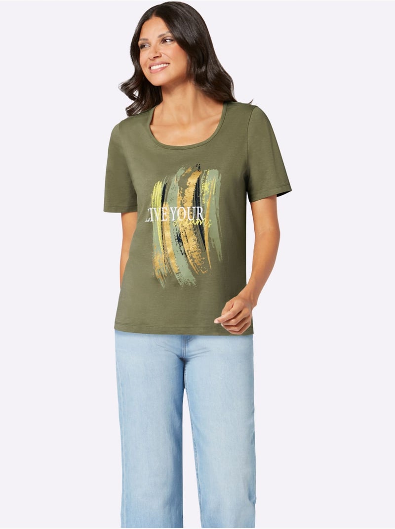 T-shirt à Manches Courtes Superbe Imprimé Brillant - Taille Standard - Moda Vilona Vert kaki - Kiabi
