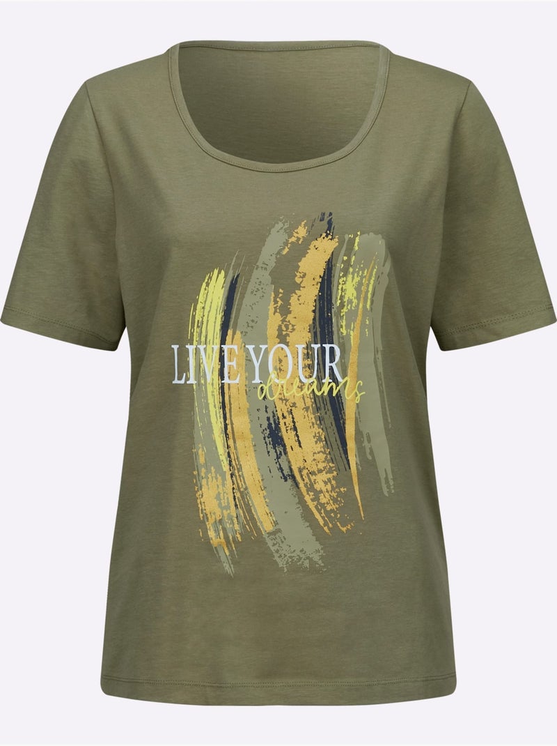 T-shirt à Manches Courtes Superbe Imprimé Brillant - Taille Standard - Moda Vilona Vert kaki - Kiabi
