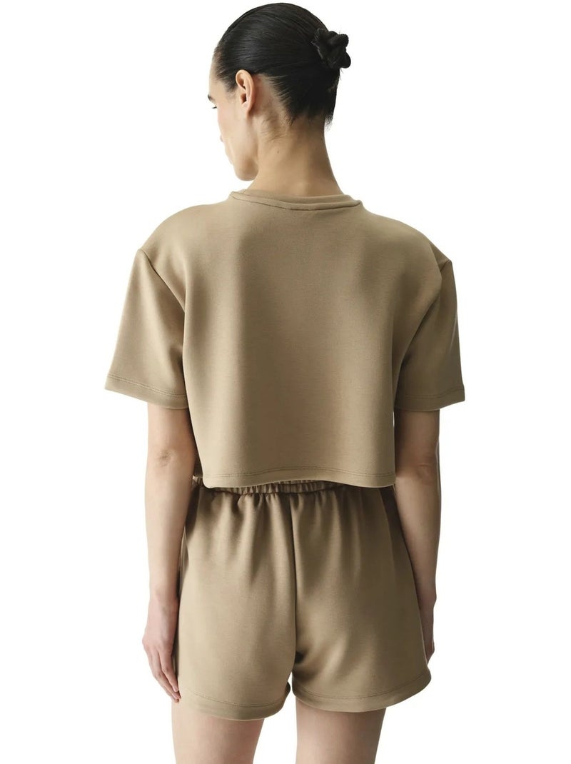 T-shirt à manches courtes texturé effet soyeux avec détails de couture penti Camel - Kiabi