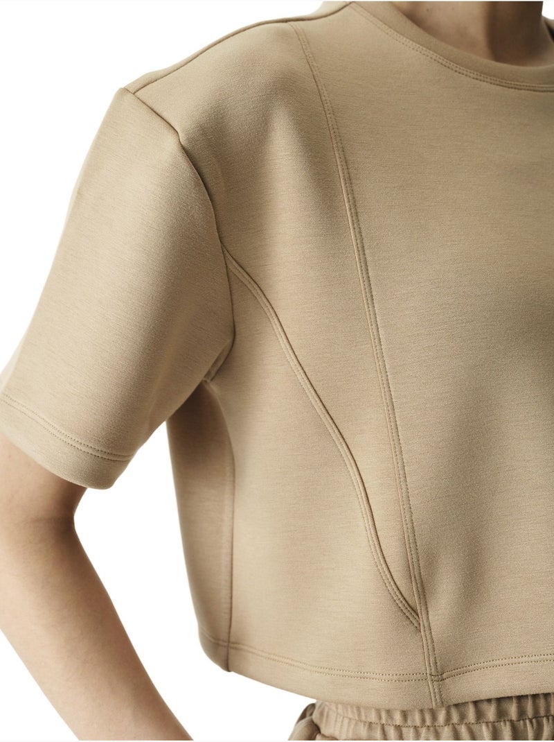 T-shirt à manches courtes texturé effet soyeux avec détails de couture penti Camel - Kiabi