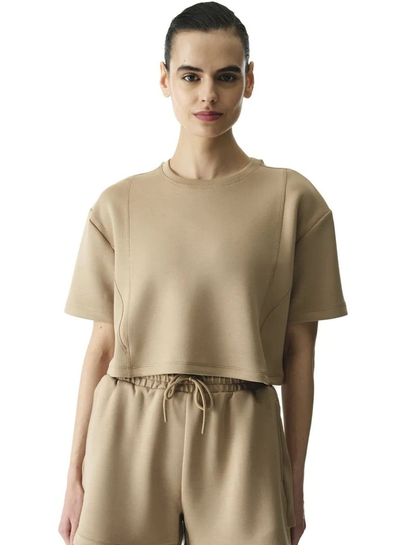 T-shirt à manches courtes texturé effet soyeux avec détails de couture penti Camel - Kiabi